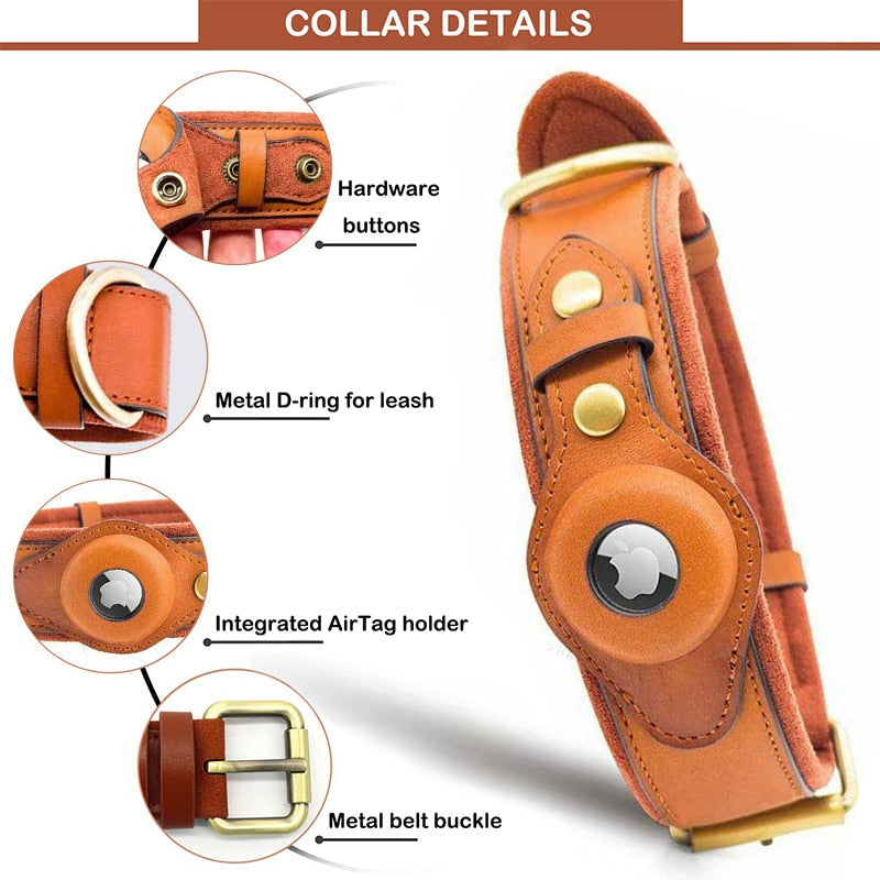 Leather AirTag Dog Collar Premium Dog Collar AirTag Case Holder