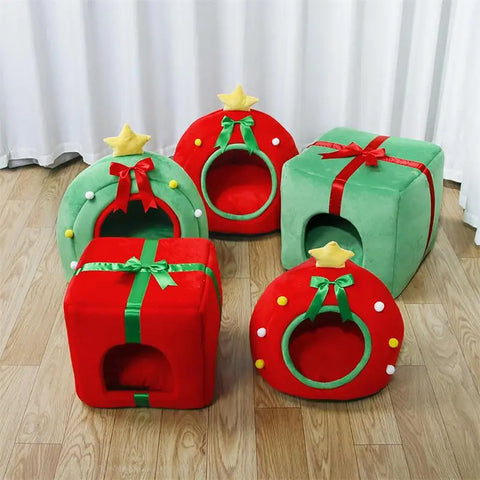 Christmas Dog Cat Bed House Christmas Tree Shape Pet Cat Home Warm Sleeping Nest Dog Cat Soft Warm Removable Kennel Pet Supplies