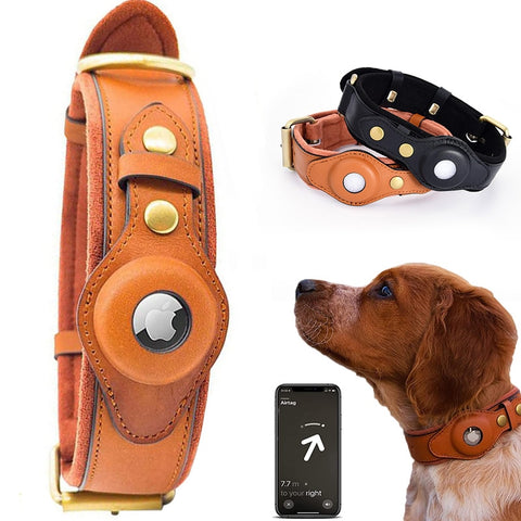 New Leather Anti-Lost Dog Collar With Airtag Holder